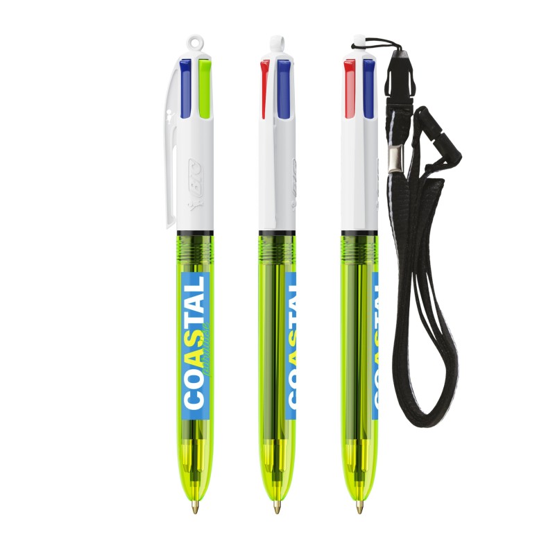 BIC® 4 Couleurs Fluo Bille + lanyard - Fabrication Française