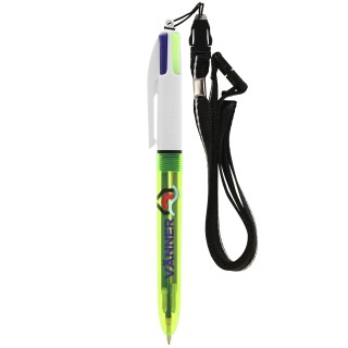 BIC® 4 Couleurs Fluo Bille + lanyard - Fabrication Française