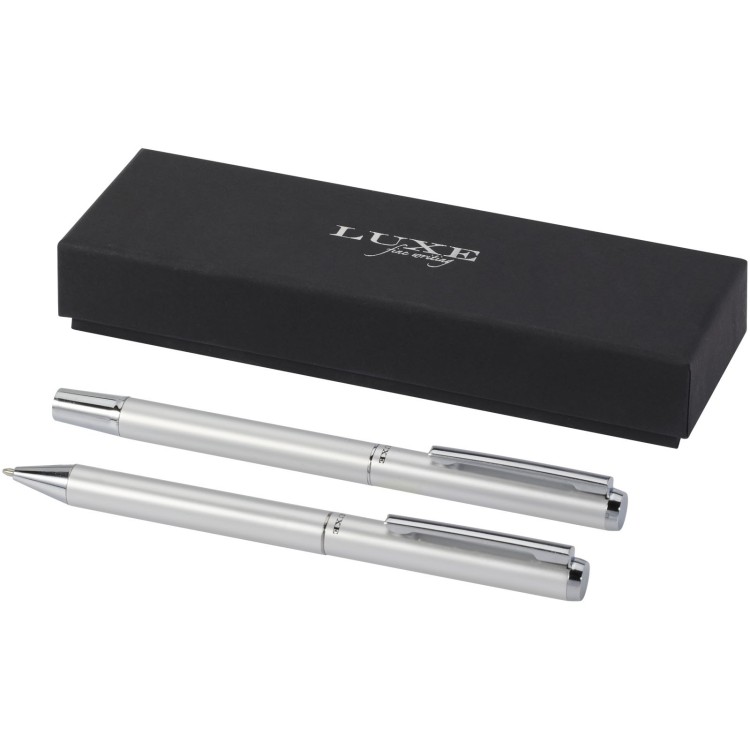 Luxe Ensemble-cadeau stylo bille et stylo roller Lucetto en aluminium recyclé (encre noire)