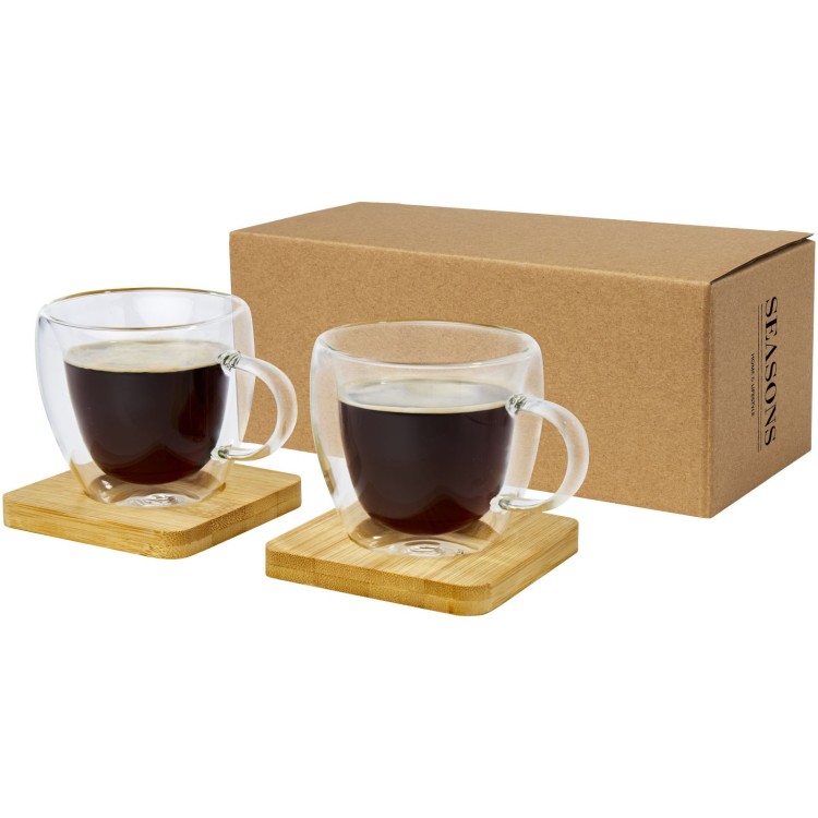 Seasons Tasse Manti 2 pièces en verre à double paroi de 100 ml avec sous-verre en bambou 