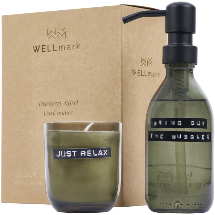 WELLmark Distributeur de savon pour les mains de 200 ml et jeu de bougies parfumées de 150 g WELLmarkDiscovery - parfum ambré fo